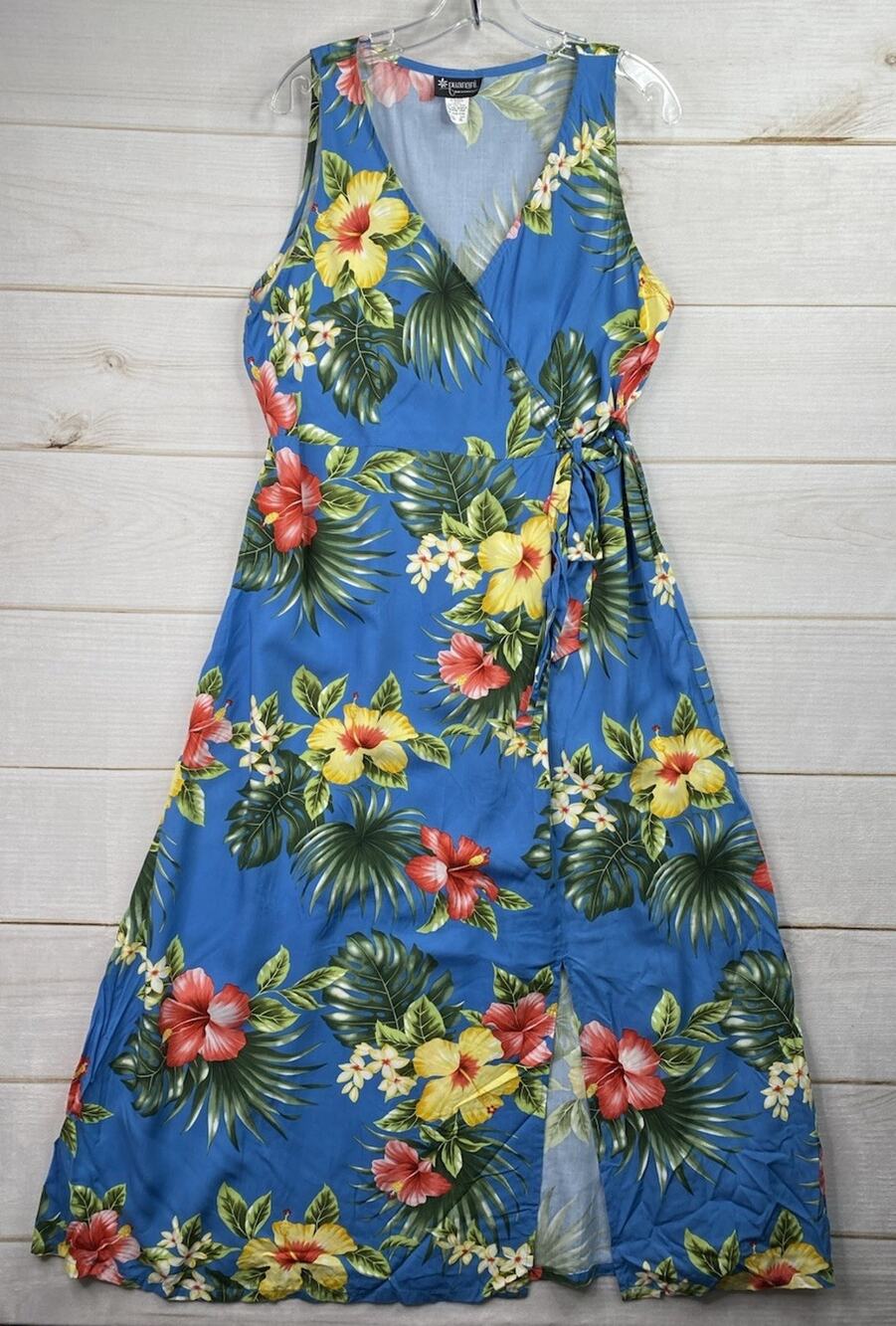 Puanani Hawaiian Maxi Dress XL Blue Floral Tropical Front Slit V Neck Vtg USA